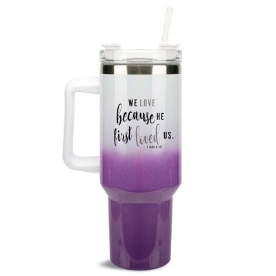 Elanze Designs We Love Because He First Loved Us Faith 40 oz. Stainless Steel, Large Water Bottle Coffee Mug, Spill & Leak Resistant, Thermal Travel