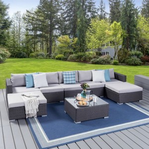 GDFStudio Avianna Outdoor Wicker 5 Seater Sofa Chat Set with Ottomans - 1 of 4