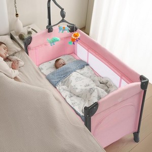 JOYMOR Baby Bedside Bassinet, Baby Bassinet, Pack n Play Convert Playpen, Quick Foldable Travel Bed, Wheels & Brake, Carry Bag for Boys Girls (Pink) - 1 of 4