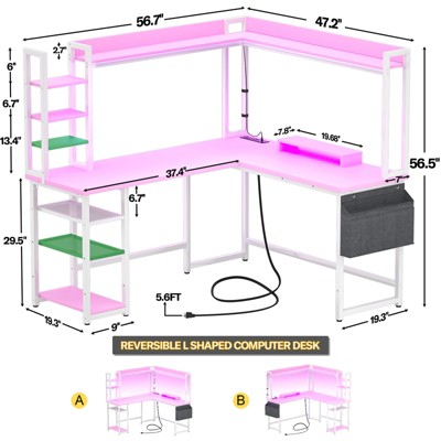 Aheaplus L-Shaped Desk with Hutch & Power Outlet, Gaming Desk, Corner Computer Desk with Led Lights