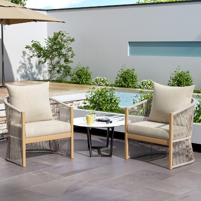24"W Patio Accent Chair Lounge Chair Arm Chair with Curved Back, Cushioned Comfort and Stylish Rope-Weave Design, Aluminum, Beige+Natural/Gray-ModernL