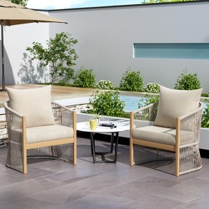 24"W Patio Accent Chair Lounge Chair Arm Chair with Curved Back, Cushioned Comfort and Stylish Rope-Weave Design, Aluminum, Beige+Natural/Gray-ModernL - 1 of 4