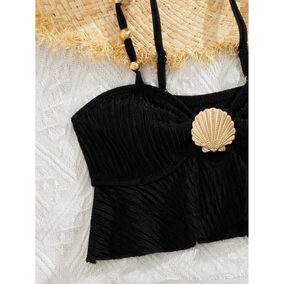YesFashion Girls’ Ruffled Two-Piece Swimsuit Textured Adjustable Straps Quick-Dry Swimwear,6Y,Black — фото 3