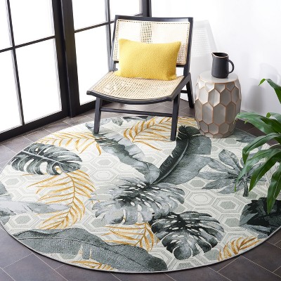 Gray and Gold Tropical Botanical Round Synthetic Area Rug, 8' x 8'