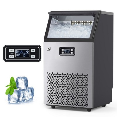 Ice maker produces 100 lbs/day, 33 lbs storage; under-counter, ready in 5-15 mins, freestanding with ice scoops and self-cleaning feature.