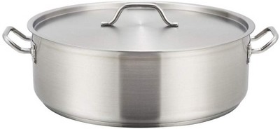 Winco SSLB-25, 25-Quart Stainless Steel Brazier Pan With Lid, Cooking Pan with Cover