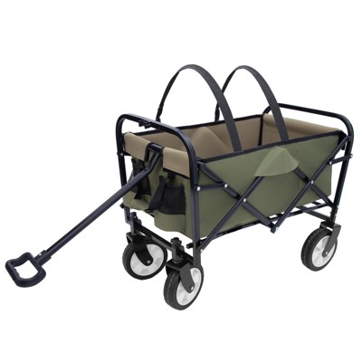 VisioGear Collapsible Foldable Wagon Cart with Strapping, Wagon Grocery Cart for Camping Shopping Sports, Army Green, 25.98"*17.32"*37.4"