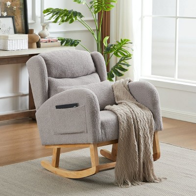 Modern Lounge Rocker Recliner,Fabric Rocking Chair With Pockets,Comfy Accent Arm Chair With Solid Wood Legs,Leisure Chairs-Cuddlewood
