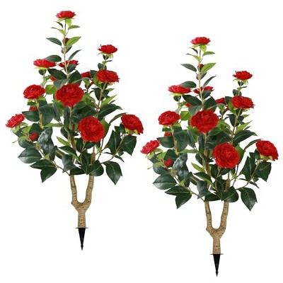 Sunnyglade 2 Packs 35.5" Artificial Camellia Tree, Faux Red Camellia Flowers Plant with Spike, Fake Greenery Tree for Spring