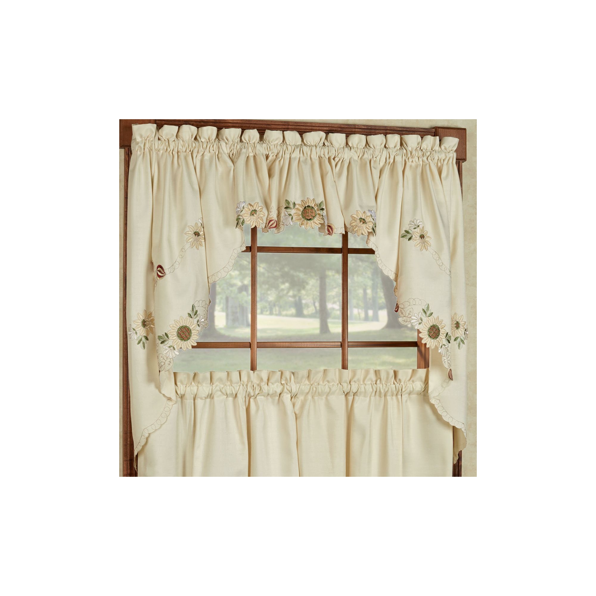 Sunflower Cream Embroidered Kitchen Curtains, Swag Pair, Sunflower