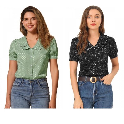 INSPIRE CHIC Women's Vintage Polka Dots Peter Pan Collar Puff Short Sleeve Shirt 2 Packs