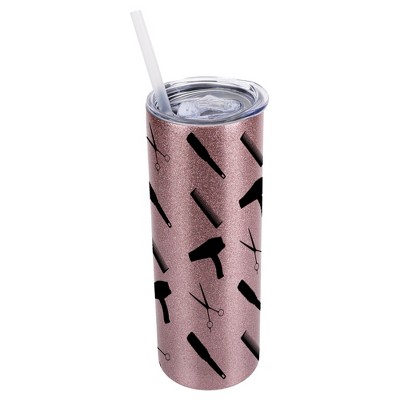 Elanze Designs Bubblegum Pink 20 Ounce Double Wall Stainless Steel Glitter Travel Tumbler With Sliding Lid And Straw, Hair Stylist Barber