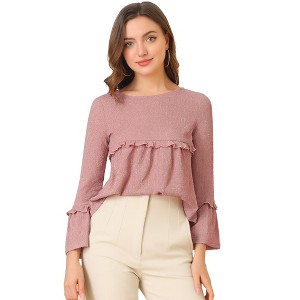 INSPIRE CHIC Women's Ruffle Hem Top Textured Round Neck High Waist Bell Long Sleeve Blouse Shirts - 1 of 4
