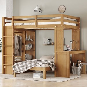 Sapphtopaz Wood Bunk Bed with Dismountable Lower Bed&Desk Versatile Bed Frame with Built-in Shelves&Wardrobe, Loft Bed for Teens - 1 of 4