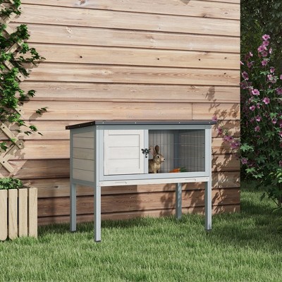 Gray and Black Elevated Fir Wood Guinea Pig Hutch with Hinged Roof