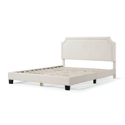 White Boucle Upholstered Queen Bed with Nailhead Trim and Wood Frame
