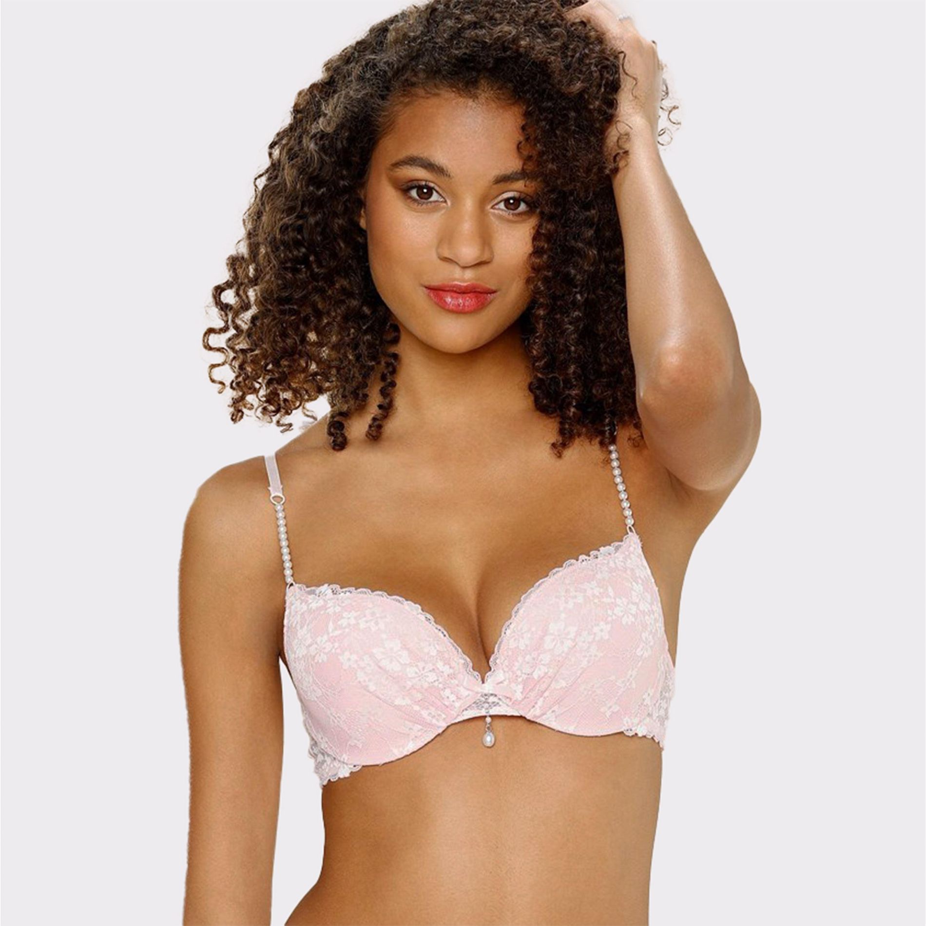 Women's Pearl Strap Lace Push Up Bra - LASCANA - Rose & Cream Floral 32D