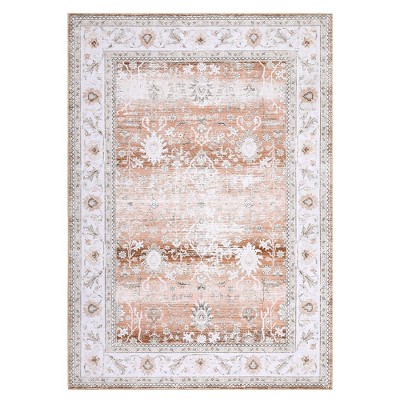 Persian Area Rug Floral Distressed Carpet Machine Washable Area Rug, 4' x 6' Pale Brown
