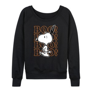 Women's - Peanuts - Boo Snoopy Scared Lightweight French Terry Wide Neck Long Sleeve Shirt - 1 of 4