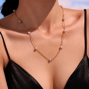 Clotth Irregular Light Pink Pearl Choker Necklace - Elegant Delicate Pearls on an Adjustable Stainless Steel Chain, Trendy Beach Accessory for Women - 1 of 4