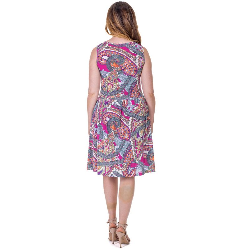 24seven Comfort Apparel Pink Paisley Print Sleeveless Pleated Knee Length Pocket Dress, 3 of 9