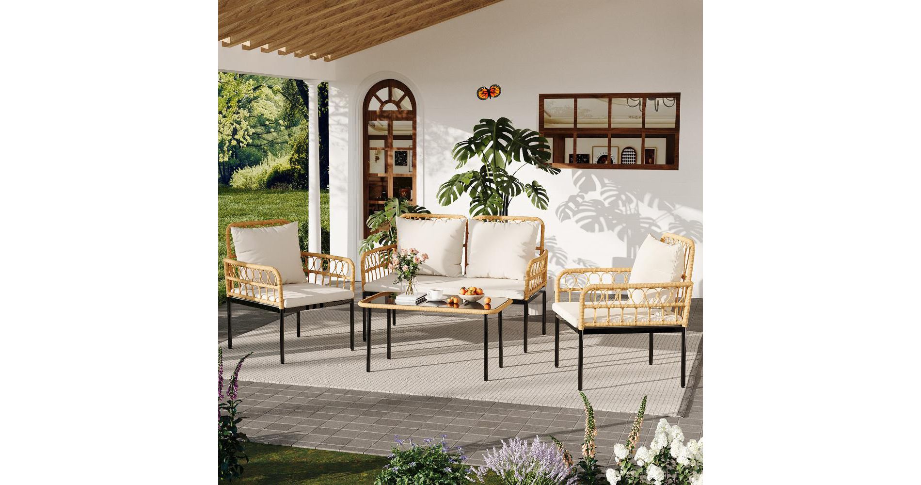4 Piece Patio Conversation Sets, Wicker Outdoor Furniture Sets, 1 Loveseat & 2 Chairs & 1 Table, Boho Conversation Set for Patio, Beige