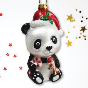 Cute Panda with Santa Hat and Gift Blown Glass Christmas Ornament| OrnamentallyYou - 1 of 4