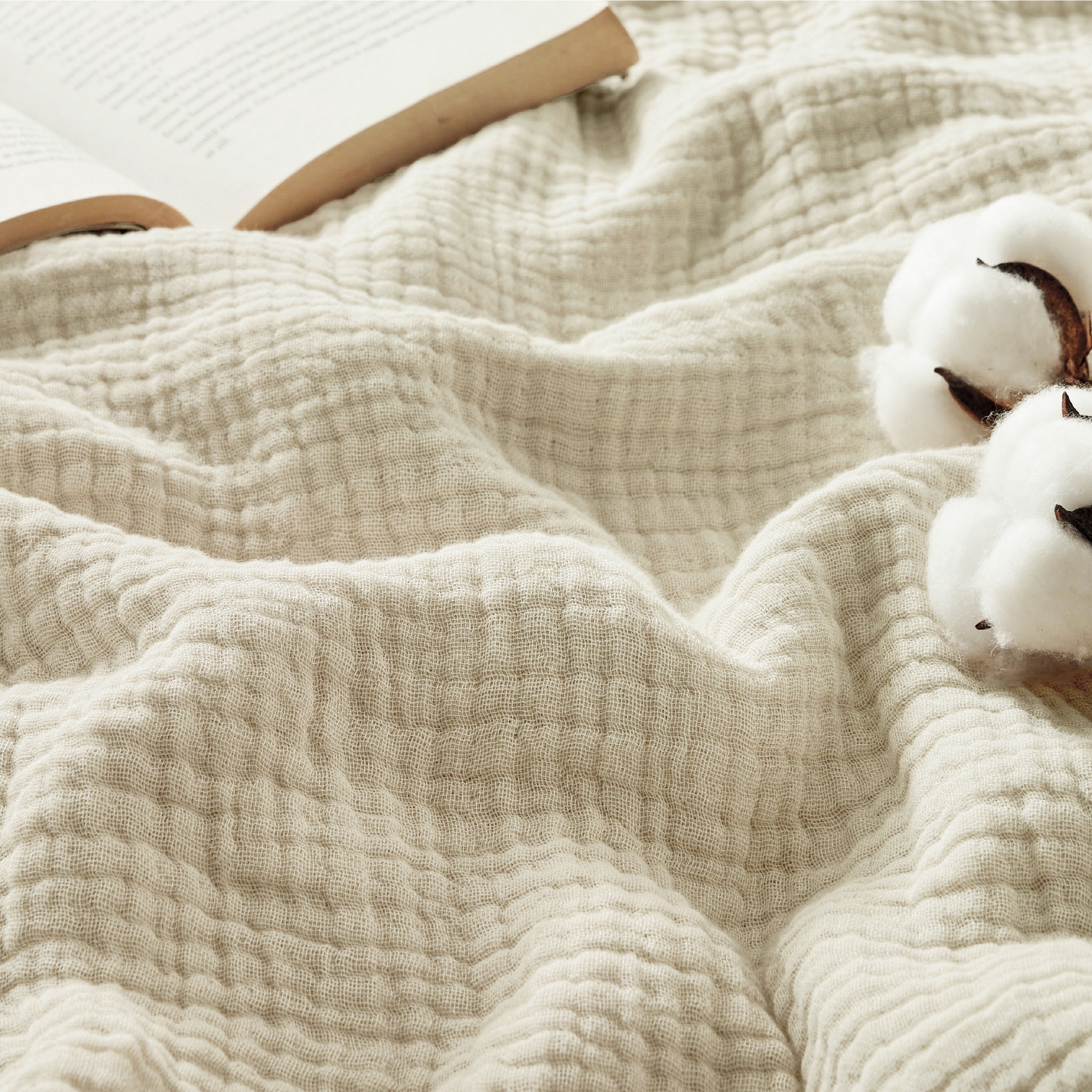 Bedsure 100% Cotton Muslin Throw Blanket Large 50x70 Inches - 4-Layer Breathable and Lightweight Soft Summer Gauze Muslin Blanket for Adults, Beige