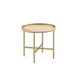 22" Mithea Accent Table Oak Top, Gold Metal Base - Acme Furniture: Round, Cross Bar Design, No Tools Assembly - 1 of 4