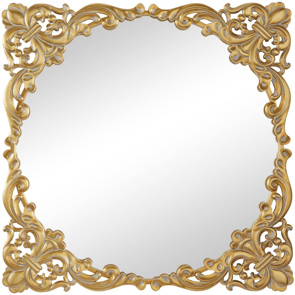 Photos - Wall Mirror Metal Floral Carved Acanthus  with Distressed Details Gold - Th