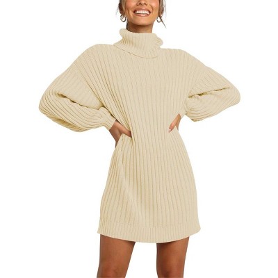 Womens Dress Sweater Knit High Neck Lantern Sleeve Midi Knit Dress