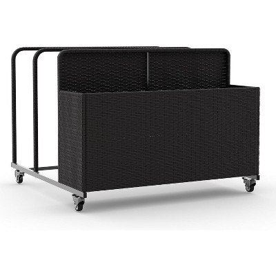 Outdoor Cart Storage Box, Iron Pipe & Woven Rattan, Swivel Wheels, Double Compartments, Large Basket, 39.4", Weather-Resistant, 110 lbs Capacity