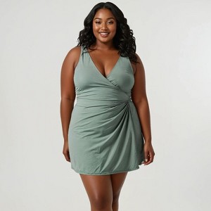 Calypsa Women's Plus Size Alana Wrap-Style Swim Dress With Hidden Bottoms and Adjustable Straps - 1 of 4