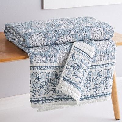 Adare Blue and White Cotton Reversible Quilted Throw