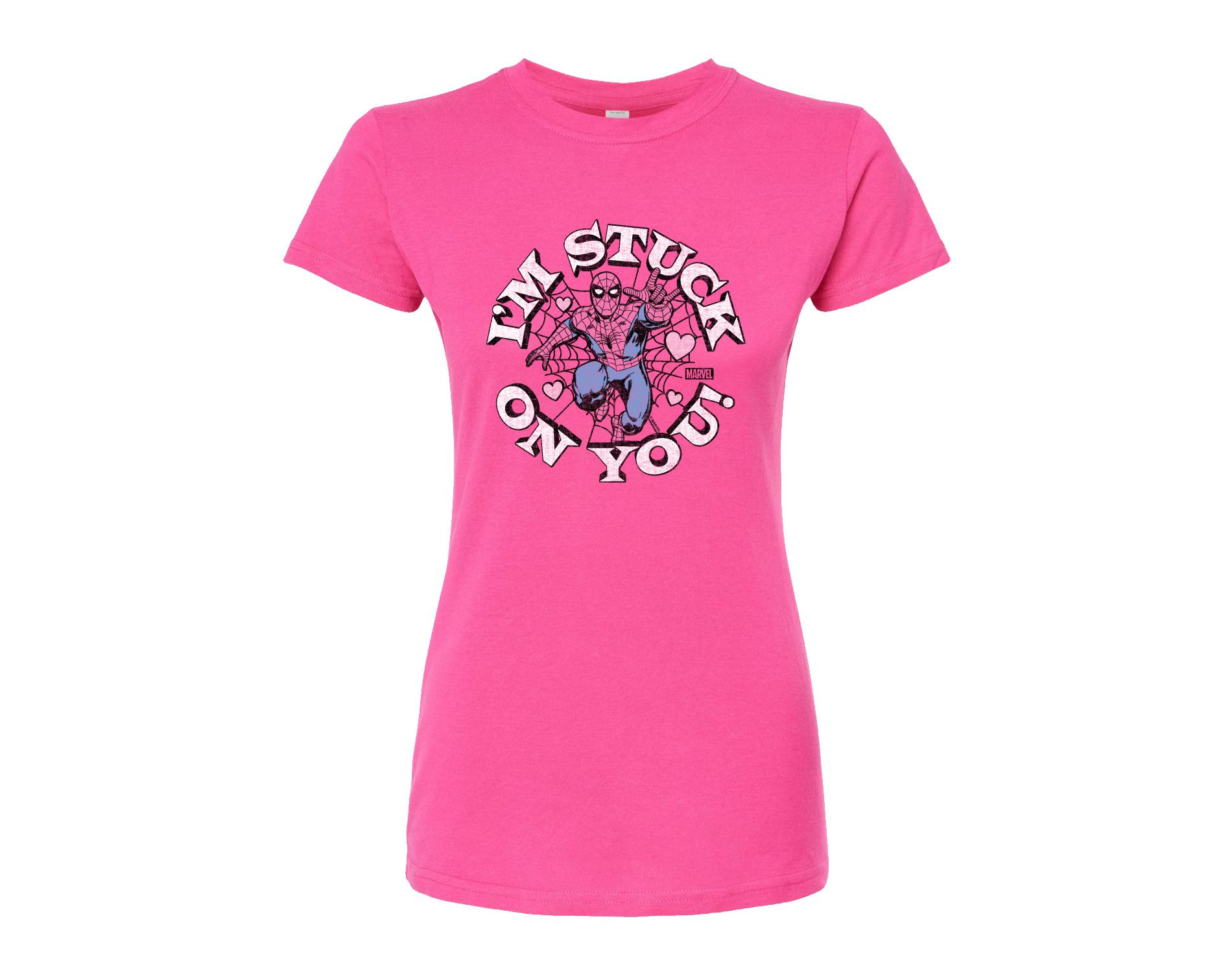 Women's Marvel Spider-man Valentine I'm Stuck On You Fitted Graphic T-Shirt - Fuchsia - Large
