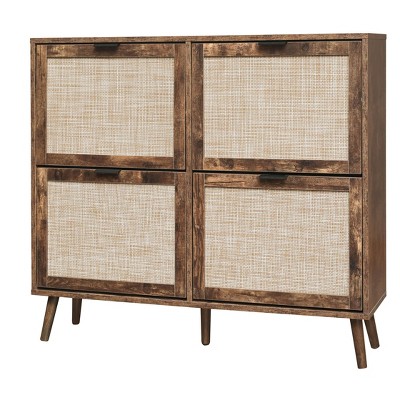 NicBex 41.34 Inch Freestanding Modern Shoe Cabinet with 4 Rattan Flip Drawers and Pine Legs for Hallway,Living Room and Entryway