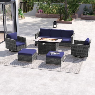 Sonkuki 6-Piece Patio Sofa with Rectangle Fire Pit Table and Swivel Rocking Chairs, Patio Conversation Couch with Cushion