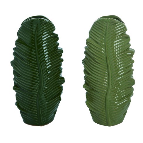 Transpac Ceramic Green Leaf Shaped Vase Set of 2, Home Decorations Tabletop Mantel 10.5 inch H. - image 1 of 1