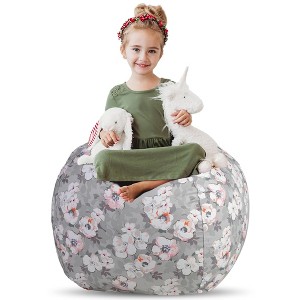 Stuff 'n Sit Large 33'' Bean Bag Storage Cover for Stuffed Animals & Toys - Gray Floral Print - Toddler & Kids - 1 of 4