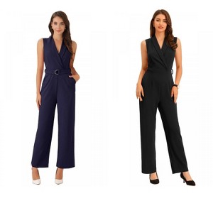 INSPIRE CHIC Women's Casual Sleeveless Shawl Collar Office Belted Cropped Jumpsuit 2 Packs - 1 of 4