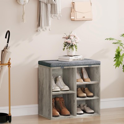 Shoe Storage Bench with Cushion, Cubby Seat Shoe Cabinet with 3-Tier Adjustable Shelf