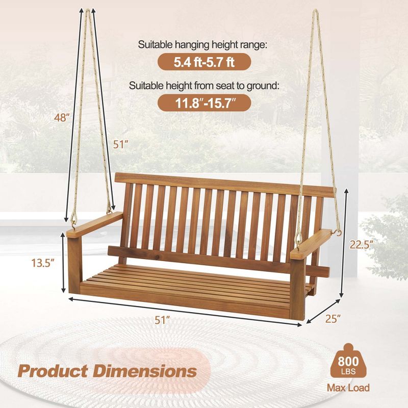 Costway 2-Seat Porch Swing Bench Acacia Wood Chair with 2 Hanging Hemp Ropes for Backyard, 3 of 10