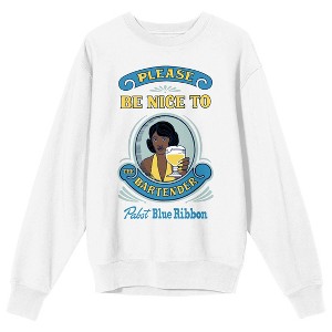 Pabst Blue Ribbon Be Nice To Your Bartender Crew Neck Long Sleeve White Adult Sweatshirt - 1 of 3