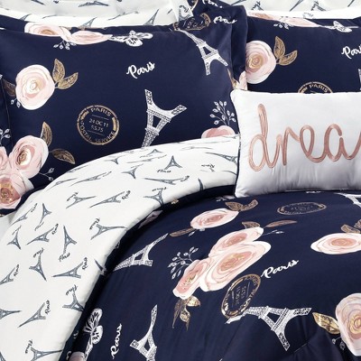 Lush Decor Lush Décor Full/Queen 7pc Vintage Paris Rose Butterfly Script Comforter Set Navy: Microfiber, Embroidered, Teen Bedding — фото 2