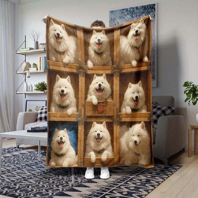 Seasonal Samoyed Dog Print Flannel Blanket, Perfect for Car, Sofa, Bed, Ideal Gift for Christmas, Birthday, And Family Holidays.