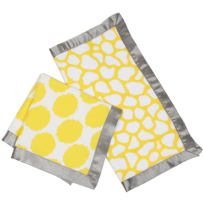 Bacati - Ikat Yellow/Gray Dots/Giraffe Muslin 2 pc Security Blankets, 1 of 10