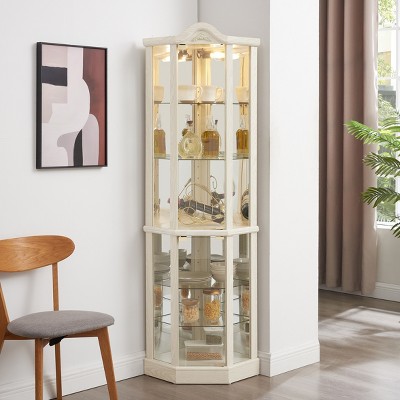 YOOCOZZ Lighted Glass Corner Curio Cabinet – Adjustable Shelves, Carved Cherry Decoration, Wine Storage