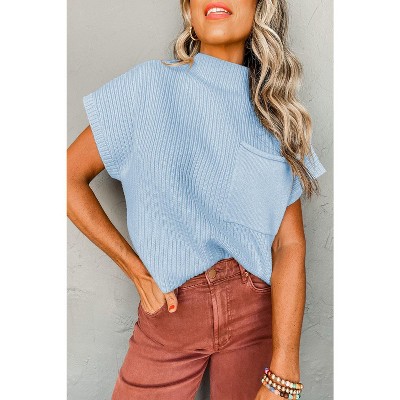 I AM A FASHION JUNKY Pink Patch Pocket Ribbed Knit Short Sleeve Sweater