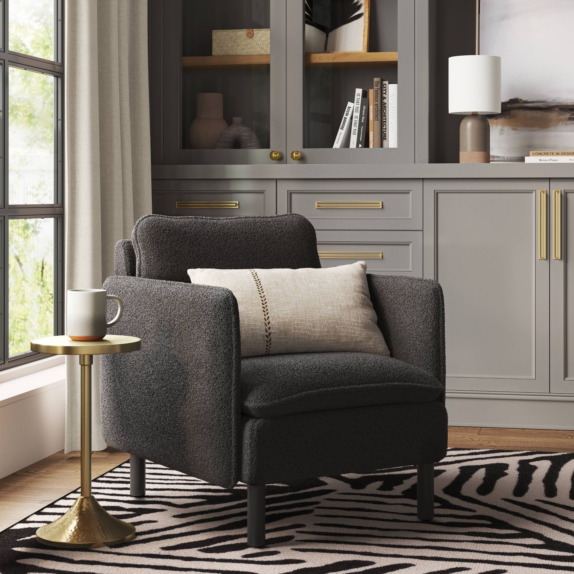 Square Back Accent Arm Chair Boucle Black - Threshold™: Upholstered Polyester, Rubberwood Legs