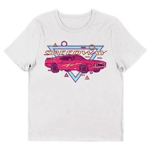 Retro Muscle Car Speedway Women's White Short Sleeve Crew Neck Tee - 1 of 3
